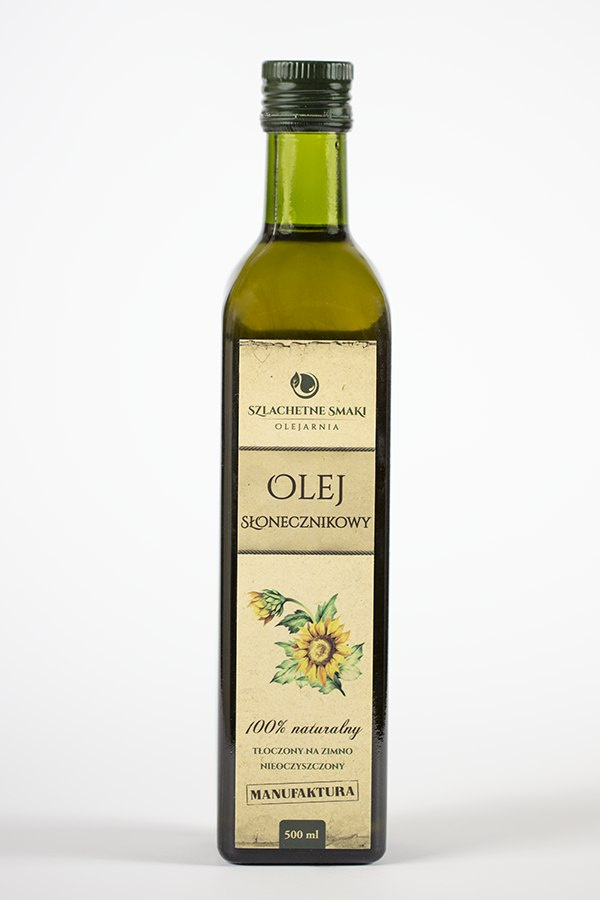Olej słonecznikowy tłoczony na zimno, niefiltrowany 500ml Olej słonecznikowy tłoczony na zimno, niefiltrowany 500ml